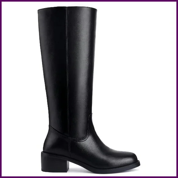 Women's Knee High Boots Square Toe Chunky Heel Pull On Wide Calf Size 7 - Picture 1 of 7